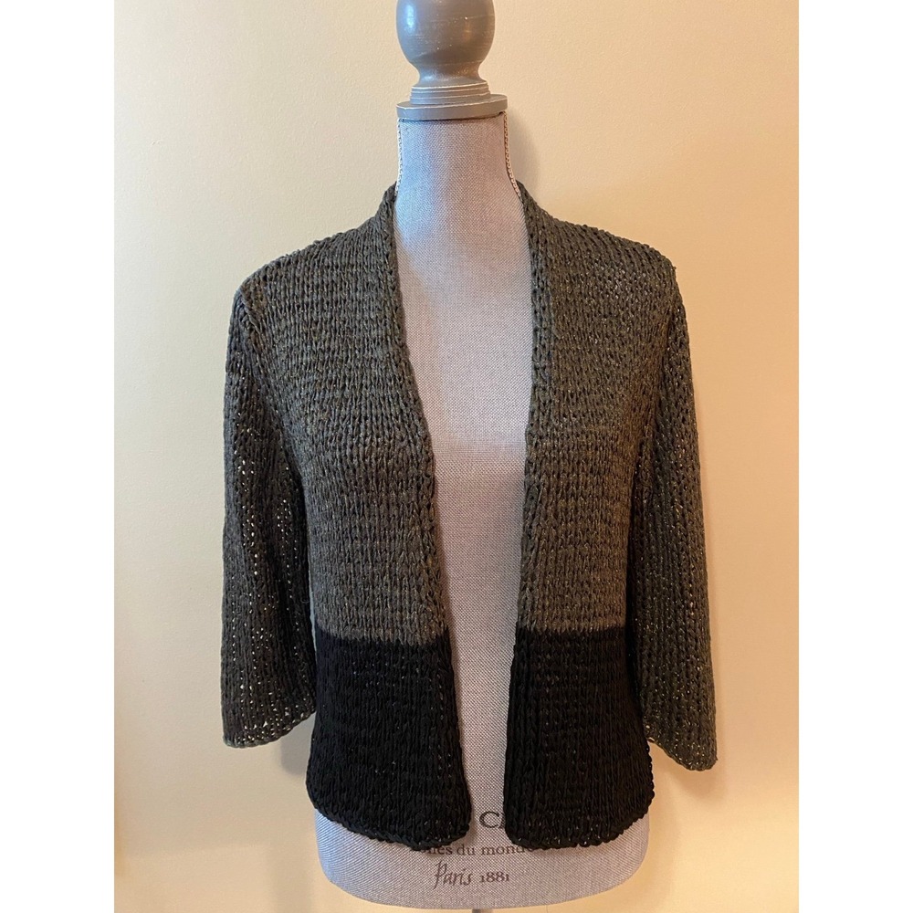 Eileen Fisher Small PM Cardigan Open Knit Front Grey Sparkle Black Classic  R1